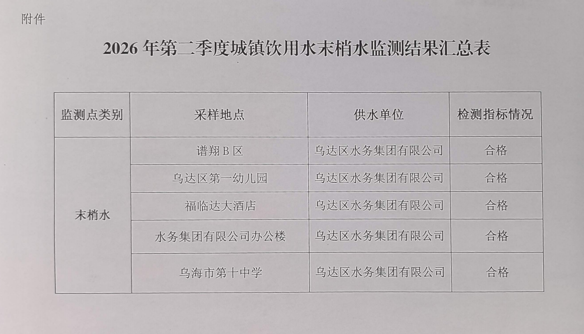 2026年第二季度城镇饮用水末梢水监测结果汇总表